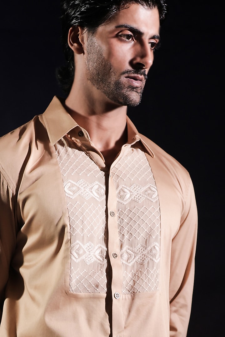 Beige Cotton Lycra Chikankari Embroidered Paneled Party Wear Shirt by Jubinav Chadha Men at Pernia's Pop Up Shop