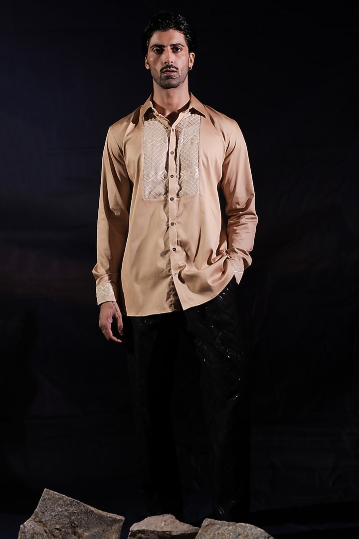 Beige Cotton Lycra Chikankari Embroidered Paneled Party Wear Shirt by Jubinav Chadha Men at Pernia's Pop Up Shop