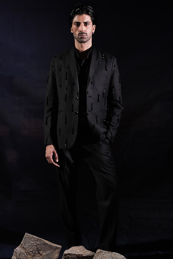 Black Merino Wool & Terylene Rayon Hand Embellished Blazer Set by Jubinav Chadha Men at Pernia's Pop Up Shop