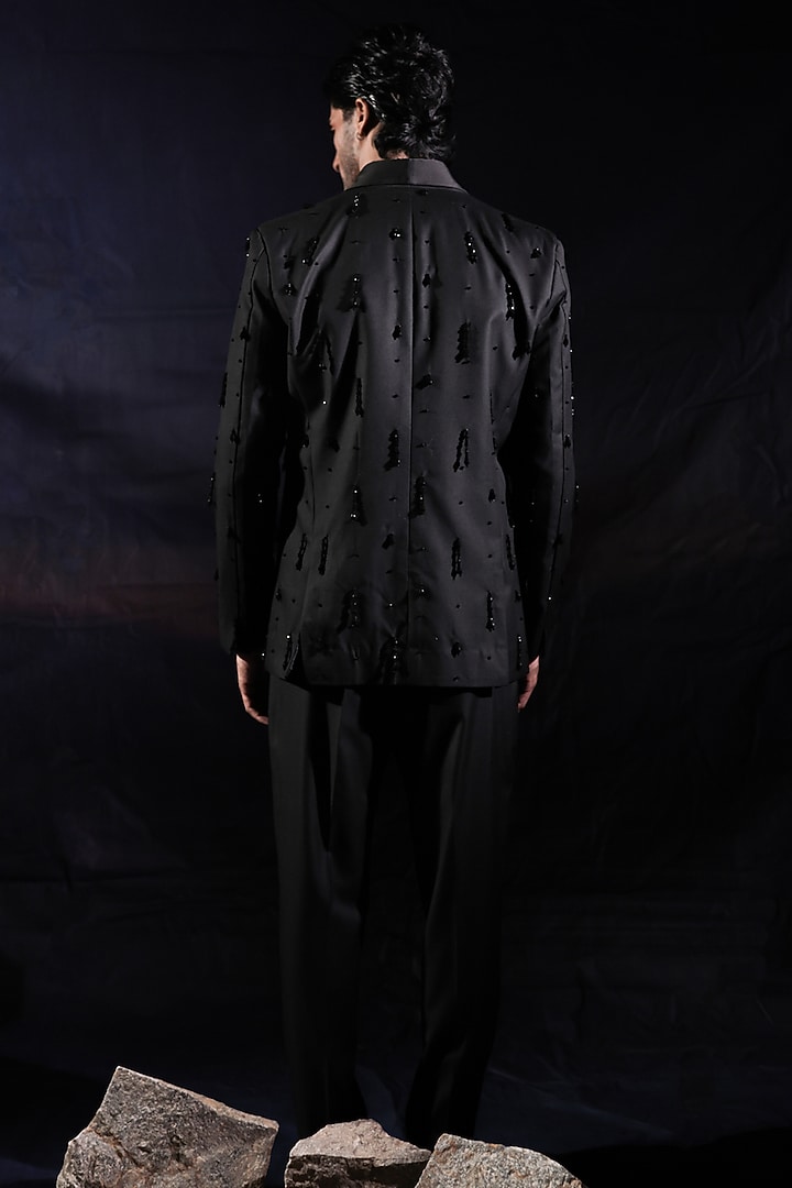 Black Merino Wool & Terylene Rayon Hand Embellished Blazer Set by Jubinav Chadha Men at Pernia's Pop Up Shop