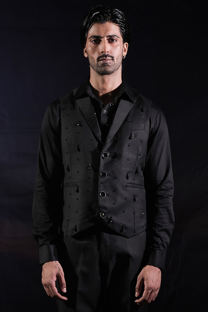 Black Merino Wool & Terylene Rayon Hand Embellished Blazer Set by Jubinav Chadha Men at Pernia's Pop Up Shop