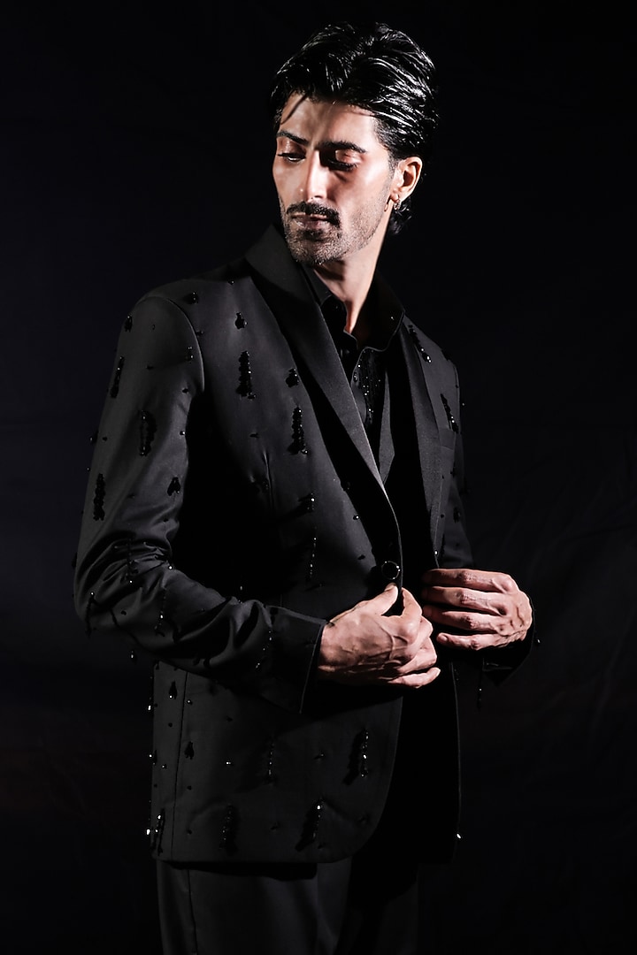 Black Merino Wool & Terylene Rayon Hand Embellished Blazer Set by Jubinav Chadha Men at Pernia's Pop Up Shop