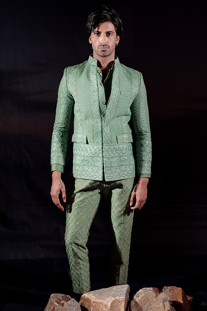Pastel Green Georgette Chikankari Embroidered Groom Bandhgala Set by Jubinav Chadha Men at Pernia's Pop Up Shop