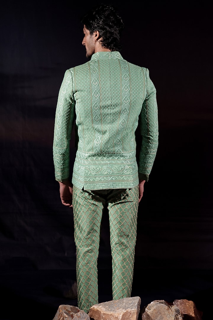 Pastel Green Georgette Chikankari Embroidered Groom Bandhgala Set by Jubinav Chadha Men at Pernia's Pop Up Shop