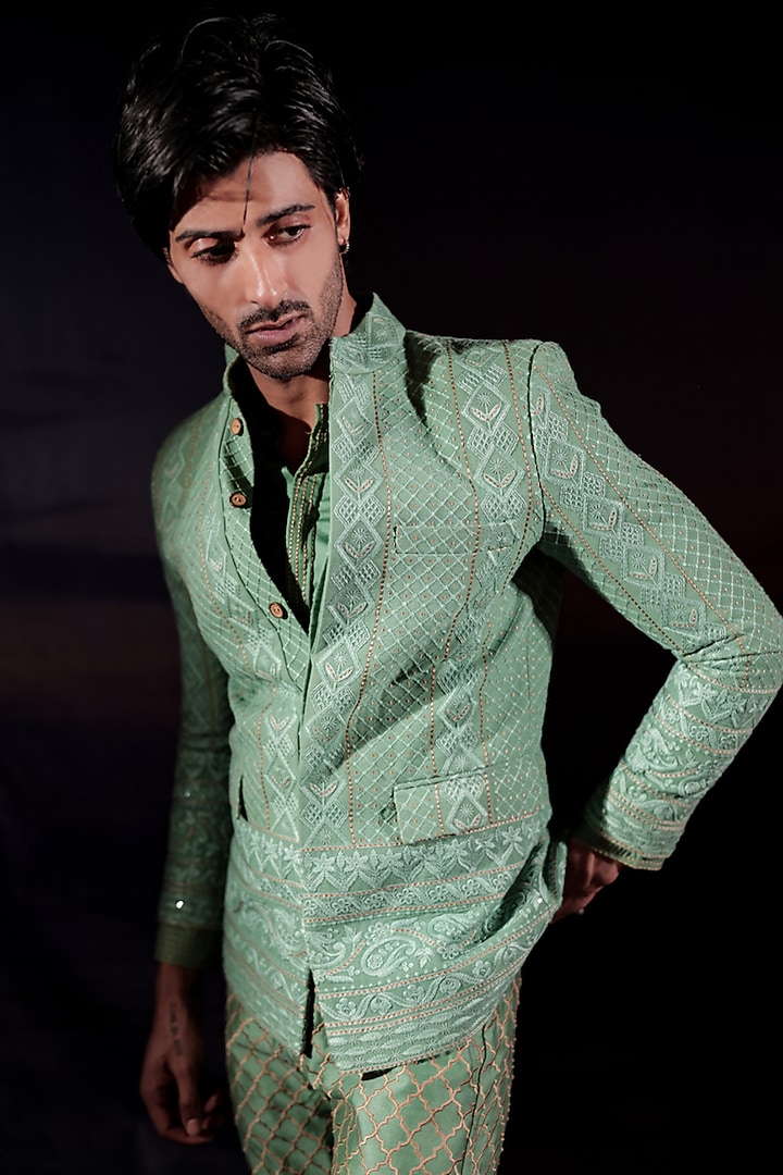 Pastel Green Georgette Chikankari Embroidered Groom Bandhgala Set by Jubinav Chadha Men at Pernia's Pop Up Shop