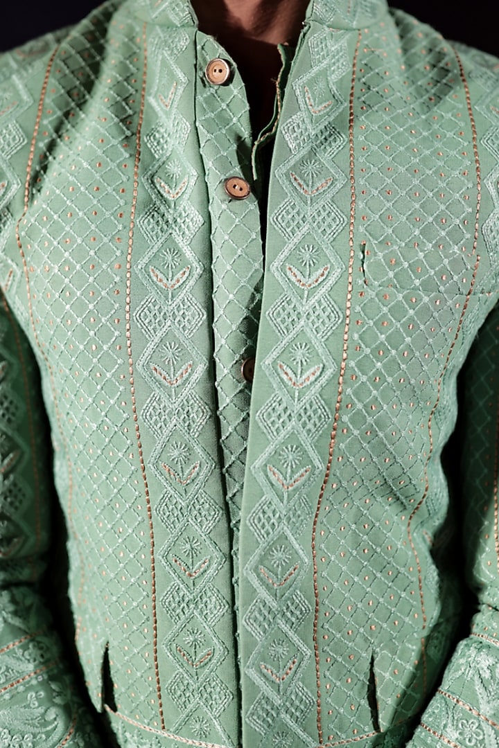 Pastel Green Georgette Chikankari Embroidered Groom Bandhgala Set by Jubinav Chadha Men at Pernia's Pop Up Shop