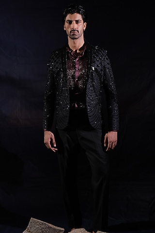 Charcoal Black Terylene Rayon Hand Embroidered Blazer Set by Jubinav Chadha Men