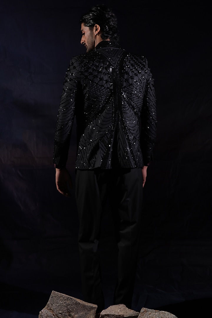 Charcoal Black Terylene Rayon Hand Embroidered Blazer Set by Jubinav Chadha Men at Pernia's Pop Up Shop
