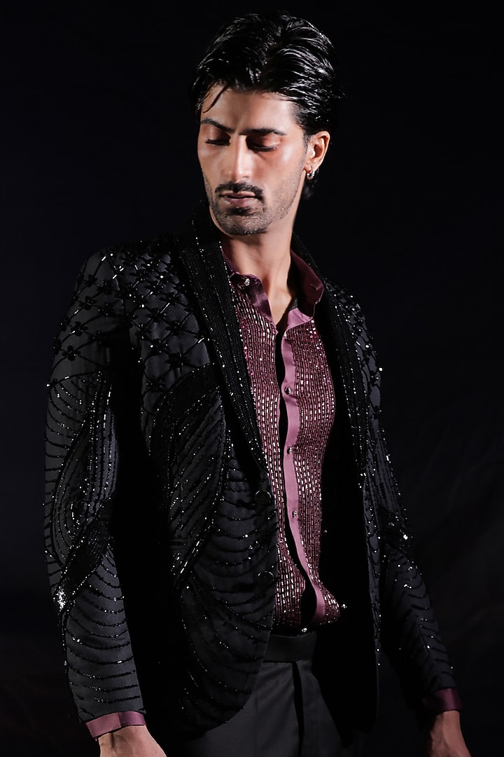 Charcoal Black Terylene Rayon Hand Embroidered Blazer Set by Jubinav Chadha Men at Pernia's Pop Up Shop