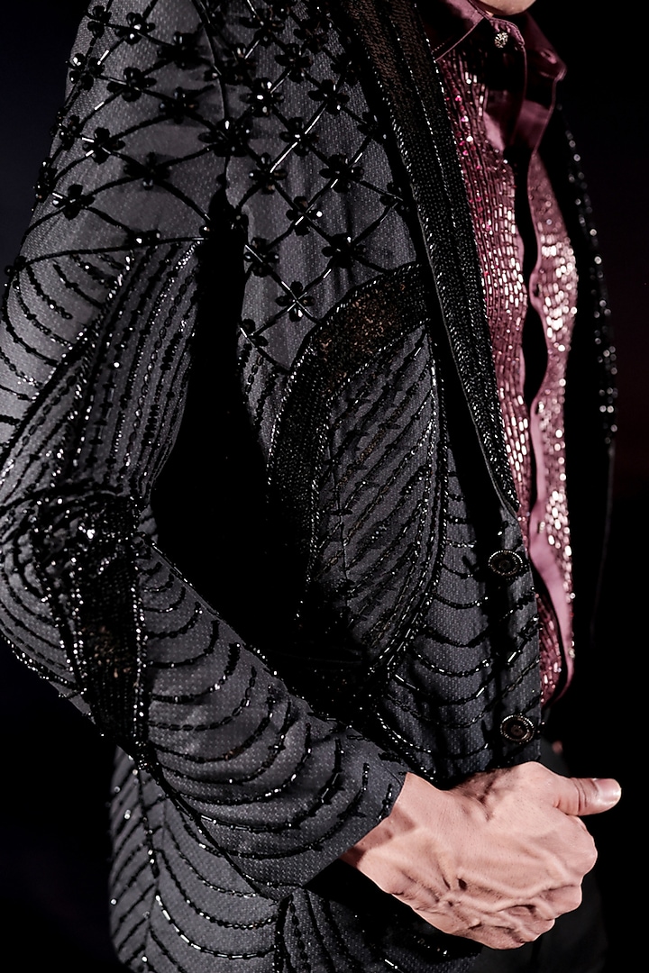 Charcoal Black Terylene Rayon Hand Embroidered Blazer Set by Jubinav Chadha Men at Pernia's Pop Up Shop