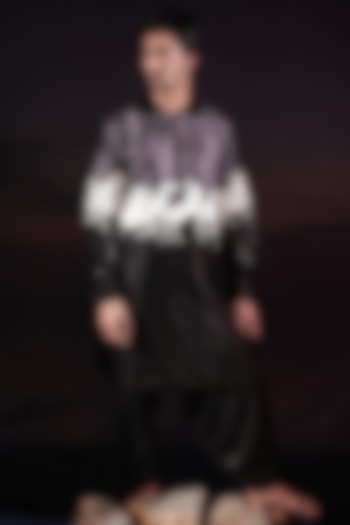 Black Cotton Silk & Velvet Patchwork Pathani Kurta Set by Jubinav Chadha Men at Pernia's Pop Up Shop