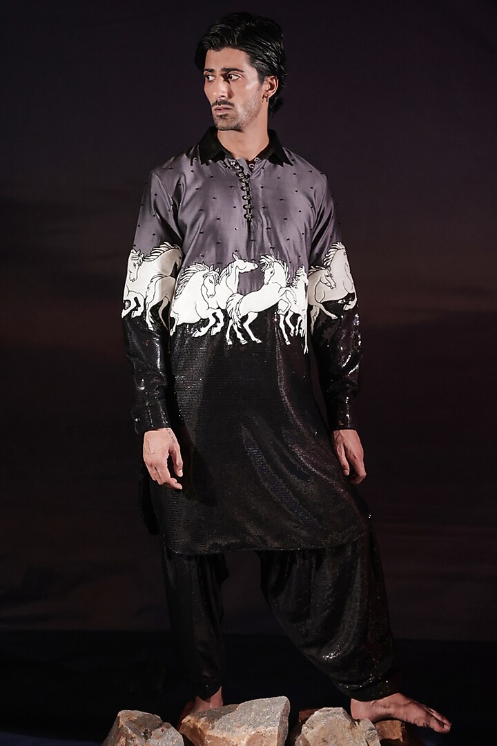 Black Cotton Silk & Velvet Patchwork Pathani Kurta Set by Jubinav Chadha Men at Pernia's Pop Up Shop