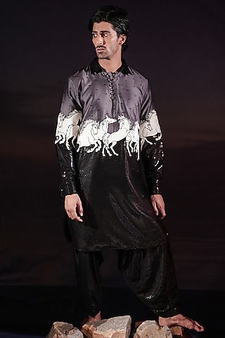 Black Cotton Silk & Velvet Patchwork Pathani Kurta Set by Jubinav Chadha Men
