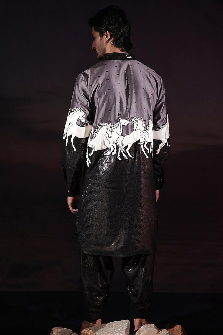 Black Cotton Silk & Velvet Patchwork Pathani Kurta Set by Jubinav Chadha Men at Pernia's Pop Up Shop