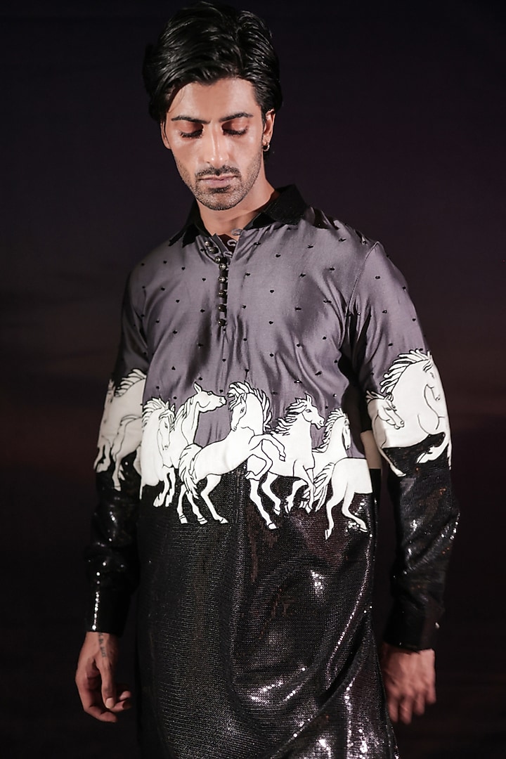Black Cotton Silk & Velvet Patchwork Pathani Kurta Set by Jubinav Chadha Men at Pernia's Pop Up Shop