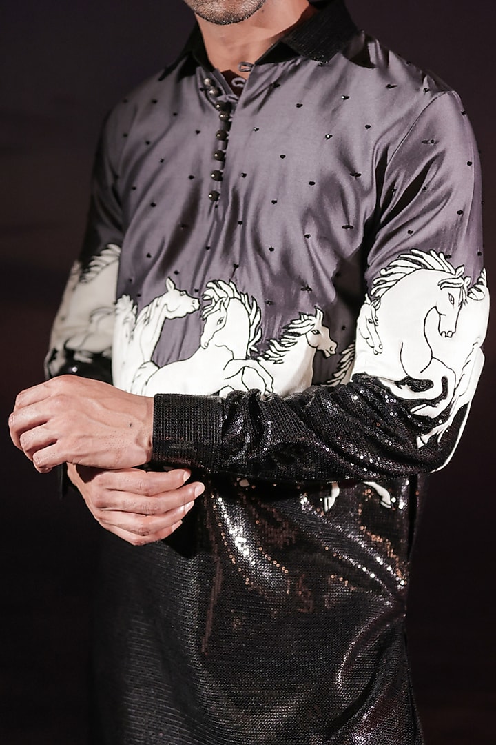 Black Cotton Silk & Velvet Patchwork Pathani Kurta Set by Jubinav Chadha Men at Pernia's Pop Up Shop