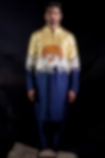 Blue Dupion & Velvet Hand Embroidered Kurta Set by Jubinav Chadha Men at Pernia's Pop Up Shop