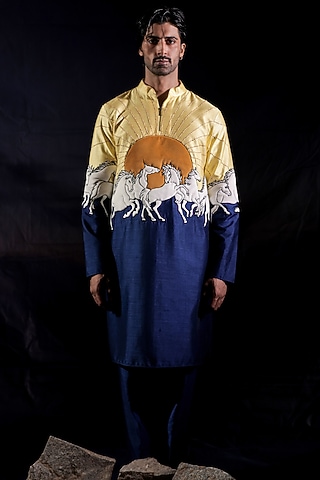 Blue Dupion & Velvet Hand Embroidered Kurta Set by Jubinav Chadha Men