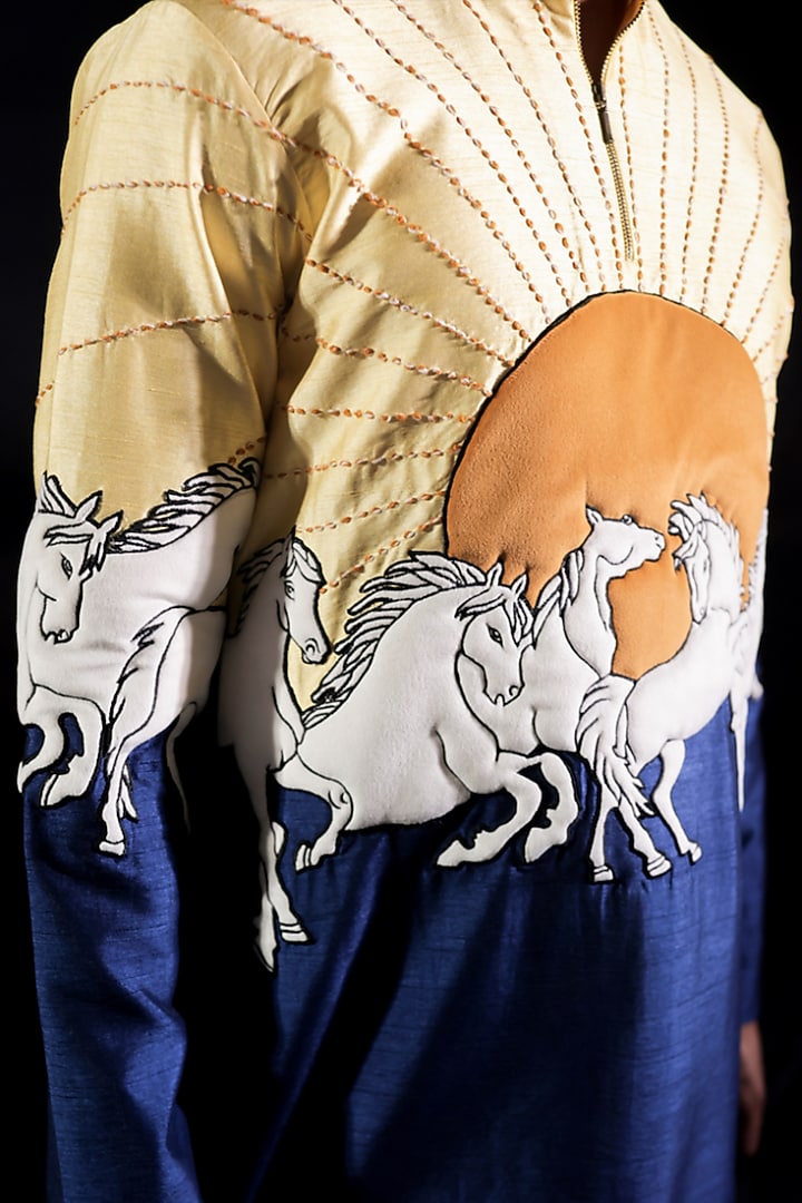 Blue Dupion & Velvet Hand Embroidered Kurta Set by Jubinav Chadha Men at Pernia's Pop Up Shop
