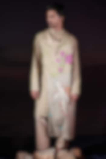 Beige Linen & Cotton Hand Embroidered Draped Cowl Kurta Set by Jubinav Chadha Men at Pernia's Pop Up Shop