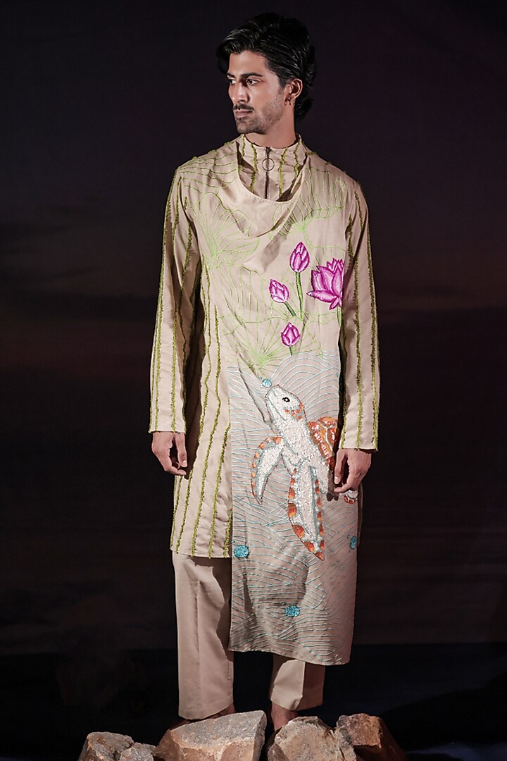 Beige Linen & Cotton Hand Embroidered Draped Cowl Kurta Set by Jubinav Chadha Men at Pernia's Pop Up Shop