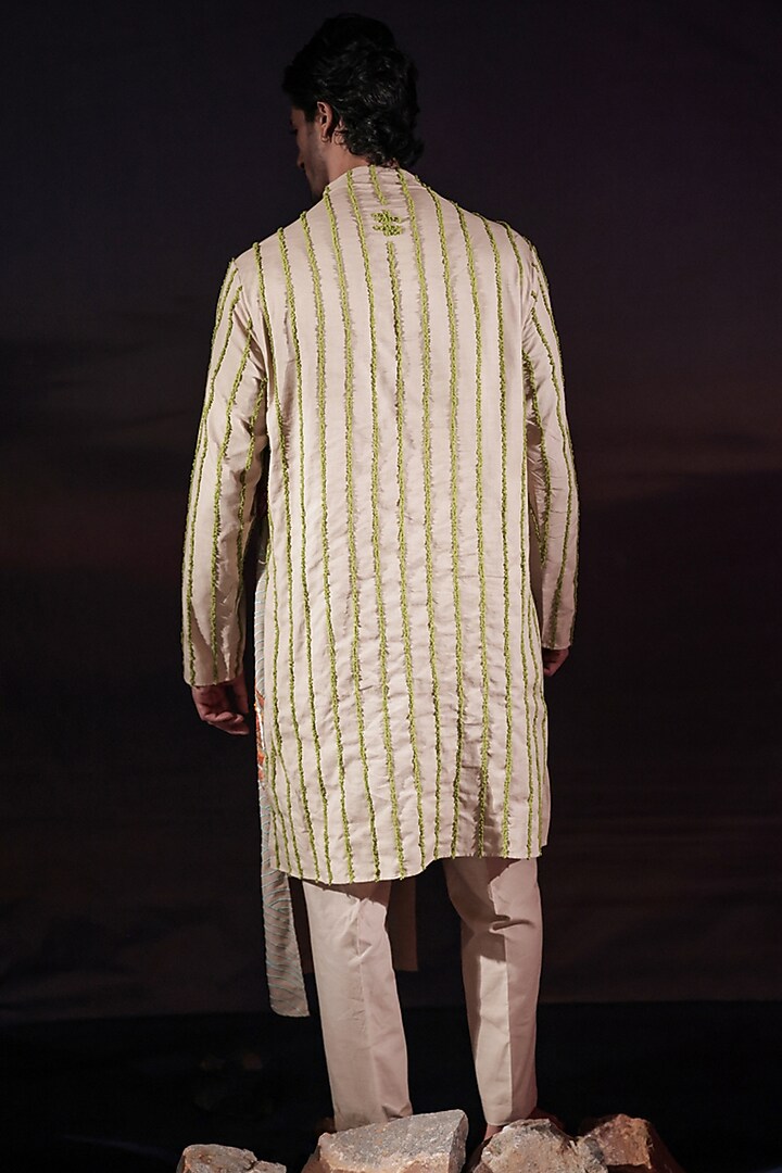 Beige Linen & Cotton Hand Embroidered Draped Cowl Kurta Set by Jubinav Chadha Men at Pernia's Pop Up Shop