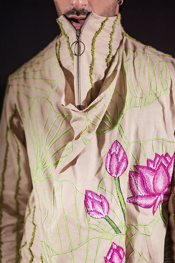 Beige Linen & Cotton Hand Embroidered Draped Cowl Kurta Set by Jubinav Chadha Men at Pernia's Pop Up Shop