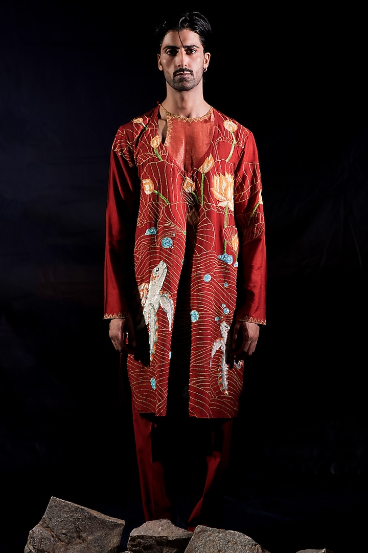 Rust Cotton Silk & Tissue Zari Hand Embroidered Kurta Set by Jubinav Chadha Men at Pernia's Pop Up Shop