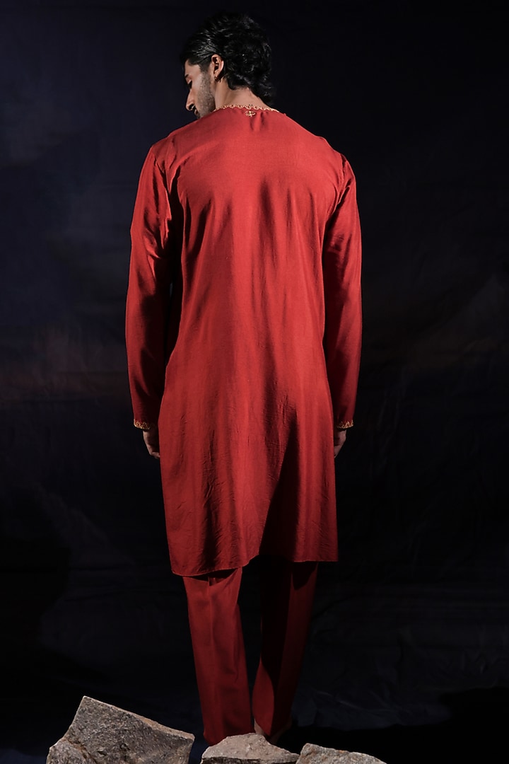 Rust Cotton Silk & Tissue Zari Hand Embroidered Kurta Set by Jubinav Chadha Men at Pernia's Pop Up Shop