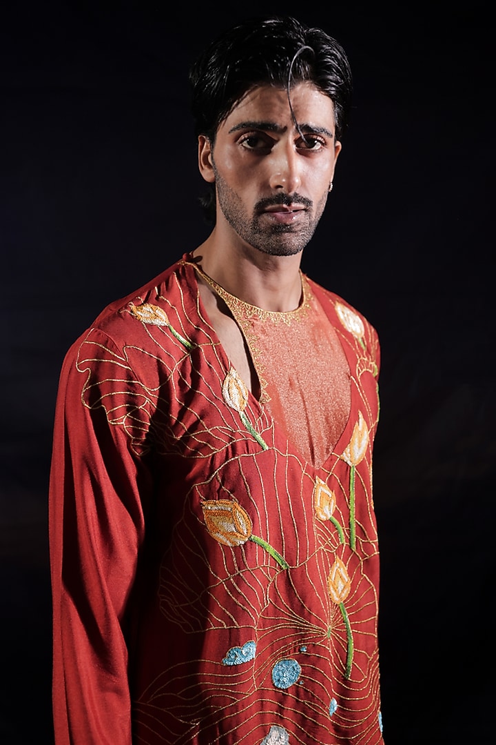 Rust Cotton Silk & Tissue Zari Hand Embroidered Kurta Set by Jubinav Chadha Men at Pernia's Pop Up Shop