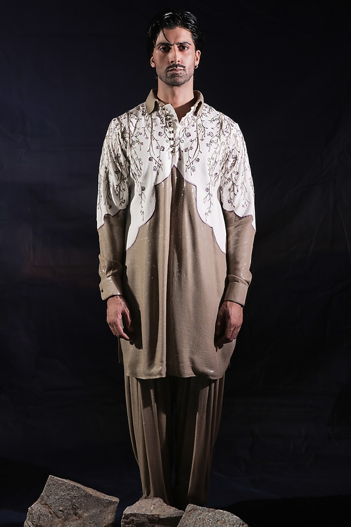 Beige Silk Staple & Georgette Embroidered Kurta Set by Jubinav Chadha Men at Pernia's Pop Up Shop