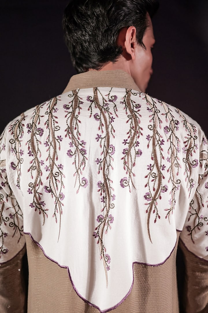 Beige Silk Staple & Georgette Embroidered Kurta Set by Jubinav Chadha Men at Pernia's Pop Up Shop