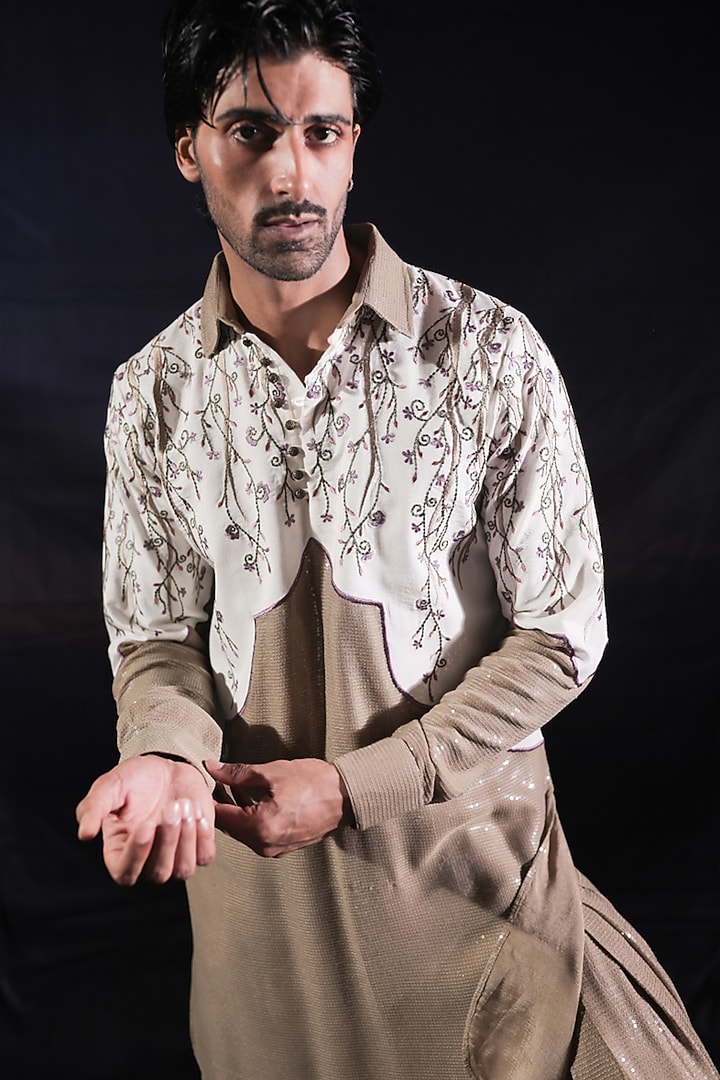 Beige Silk Staple & Georgette Embroidered Kurta Set by Jubinav Chadha Men at Pernia's Pop Up Shop