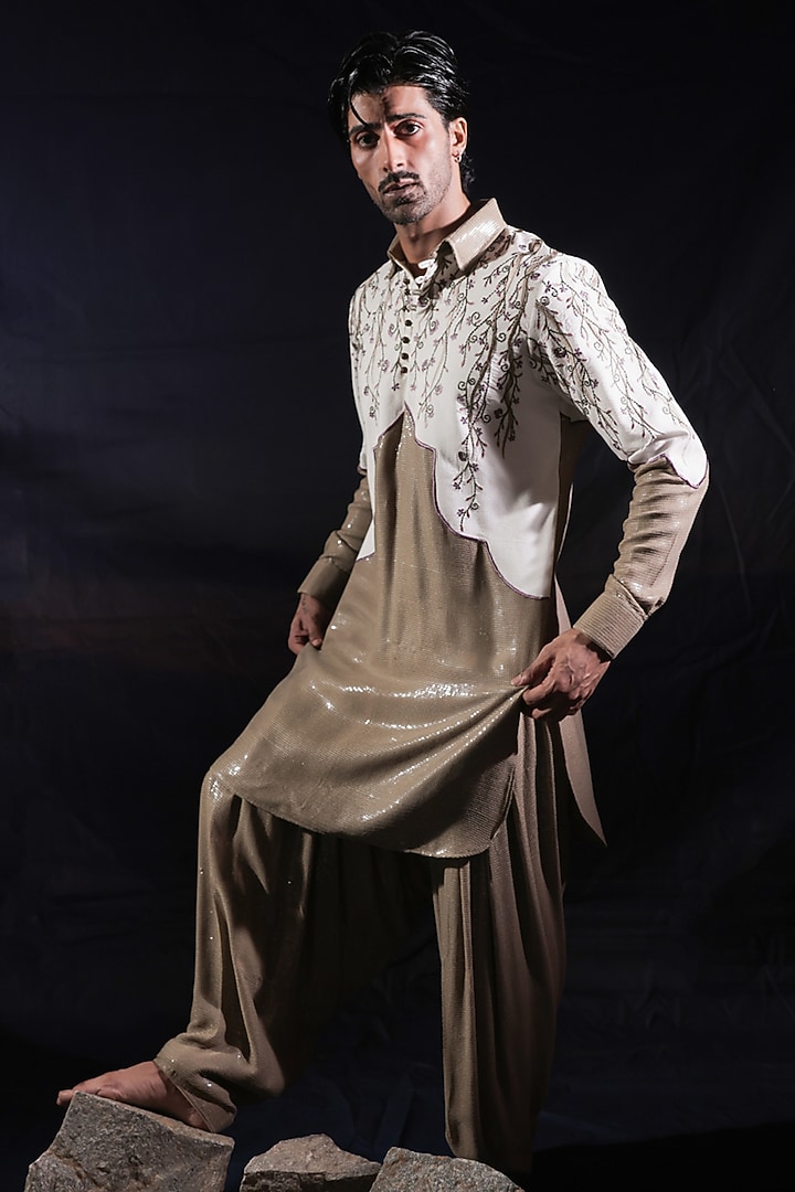 Beige Silk Staple & Georgette Embroidered Kurta Set by Jubinav Chadha Men at Pernia's Pop Up Shop