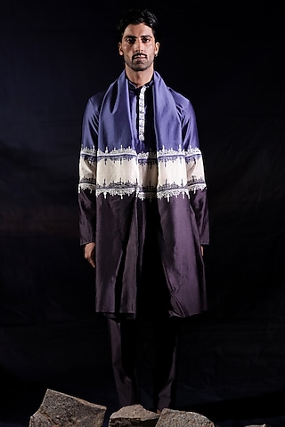 Blue Silk Chanderi Embroidered Color-Blocked Kurta Set by Jubinav Chadha Men