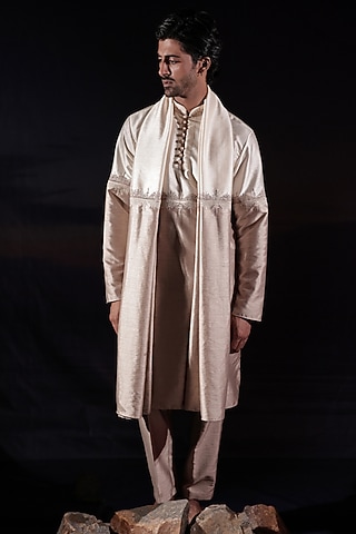 Beige & Ivory Dupion Resham Embroidered Color-Blocked Kurta Set by Jubinav Chadha Men