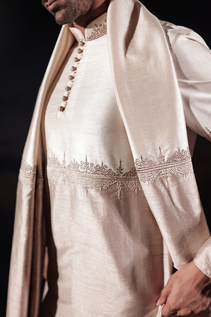 Beige & Ivory Dupion Resham Embroidered Color-Blocked Kurta Set by Jubinav Chadha Men at Pernia's Pop Up Shop