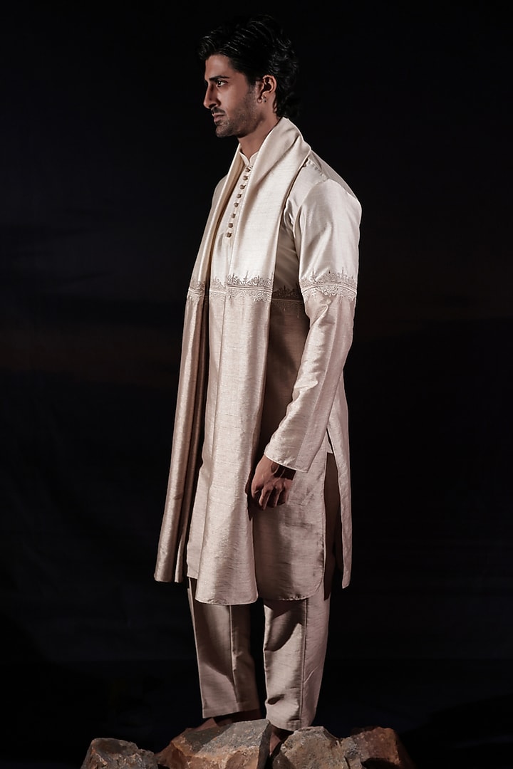 Beige & Ivory Dupion Resham Embroidered Color-Blocked Kurta Set by Jubinav Chadha Men at Pernia's Pop Up Shop