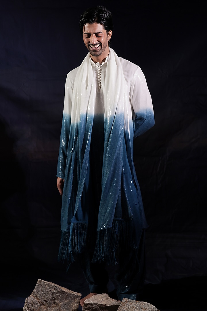 White & Blue Georgette Sequins Embellished Ombre Kurta Set by Jubinav Chadha Men at Pernia's Pop Up Shop