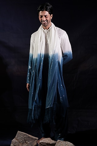 White & Blue Georgette Sequins Embellished Ombre Kurta Set by Jubinav Chadha Men