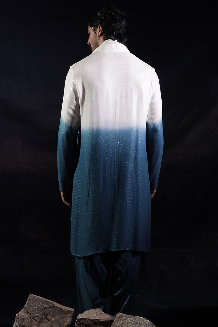 White & Blue Georgette Sequins Embellished Ombre Kurta Set by Jubinav Chadha Men at Pernia's Pop Up Shop