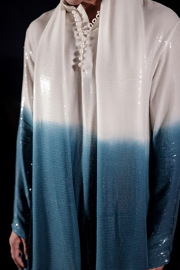 White & Blue Georgette Sequins Embellished Ombre Kurta Set by Jubinav Chadha Men at Pernia's Pop Up Shop