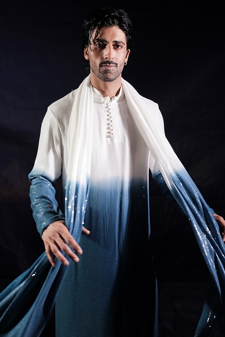 White & Blue Georgette Sequins Embellished Ombre Kurta Set by Jubinav Chadha Men at Pernia's Pop Up Shop