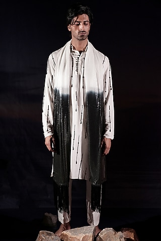White Silk Staple Crystal Embellished Kurta Set by Jubinav Chadha Men