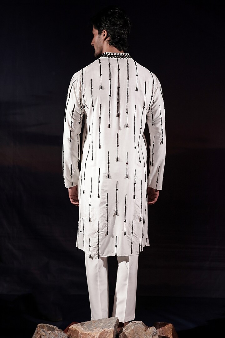 White Silk Staple Crystal Embellished Kurta Set by Jubinav Chadha Men at Pernia's Pop Up Shop