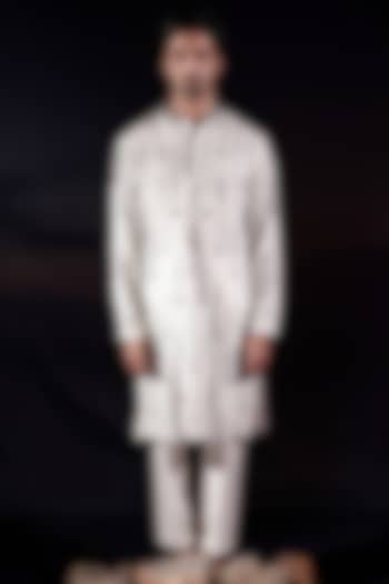 White Silk Staple Crystal Embellished Kurta Set by Jubinav Chadha Men at Pernia's Pop Up Shop