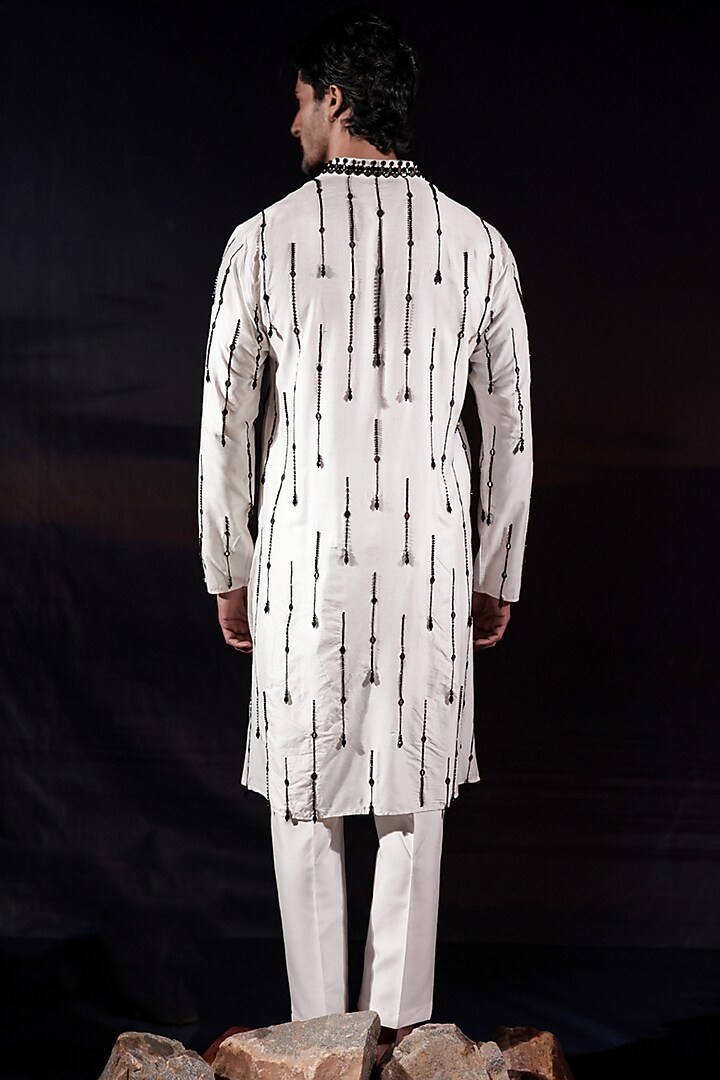 White Silk Staple Crystal Embellished Kurta Set by Jubinav Chadha Men at Pernia's Pop Up Shop