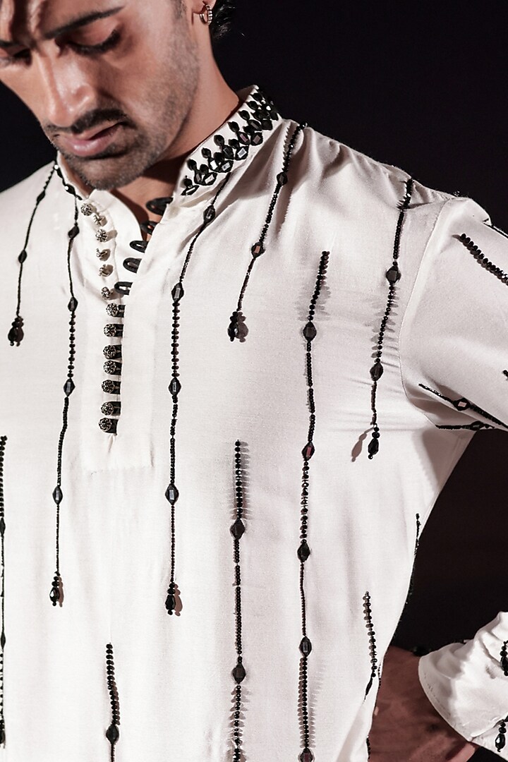 White Silk Staple Crystal Embellished Kurta Set by Jubinav Chadha Men at Pernia's Pop Up Shop