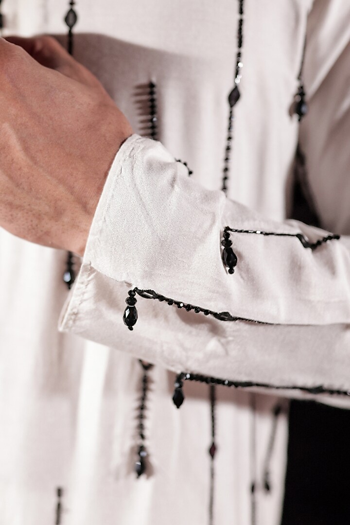 White Silk Staple Crystal Embellished Kurta Set by Jubinav Chadha Men at Pernia's Pop Up Shop