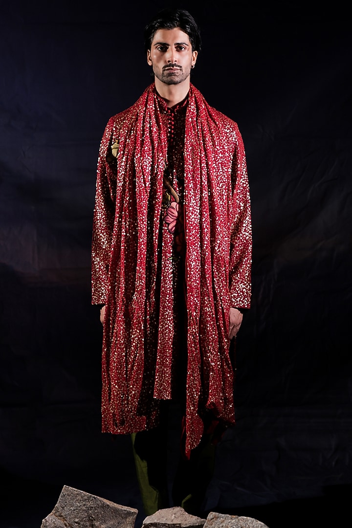 Red Sequin Georgette Floral Patchwork Kurta Set by Jubinav Chadha Men at Pernia's Pop Up Shop